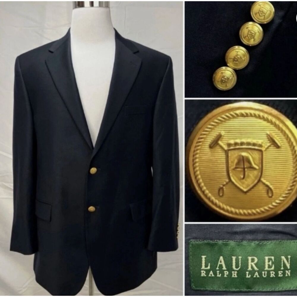 Ralph Lauren 100% Pure Wool Navy Blazer Gold Buttons 44L EUC